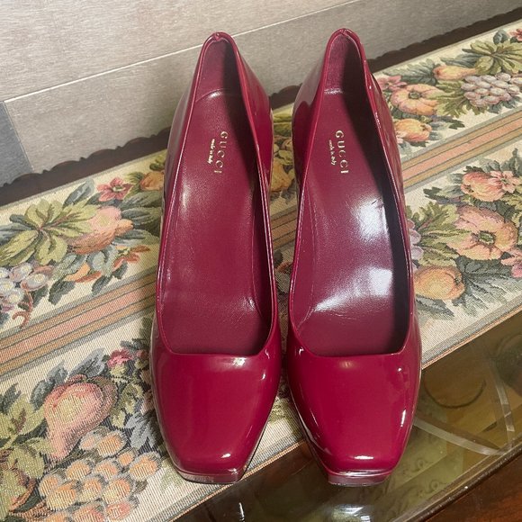 Gucci Red Burgundy Patent Leather Wedge Heels Size 7 EUR 37.5 Vtg Authentic - Picture 1 of 16